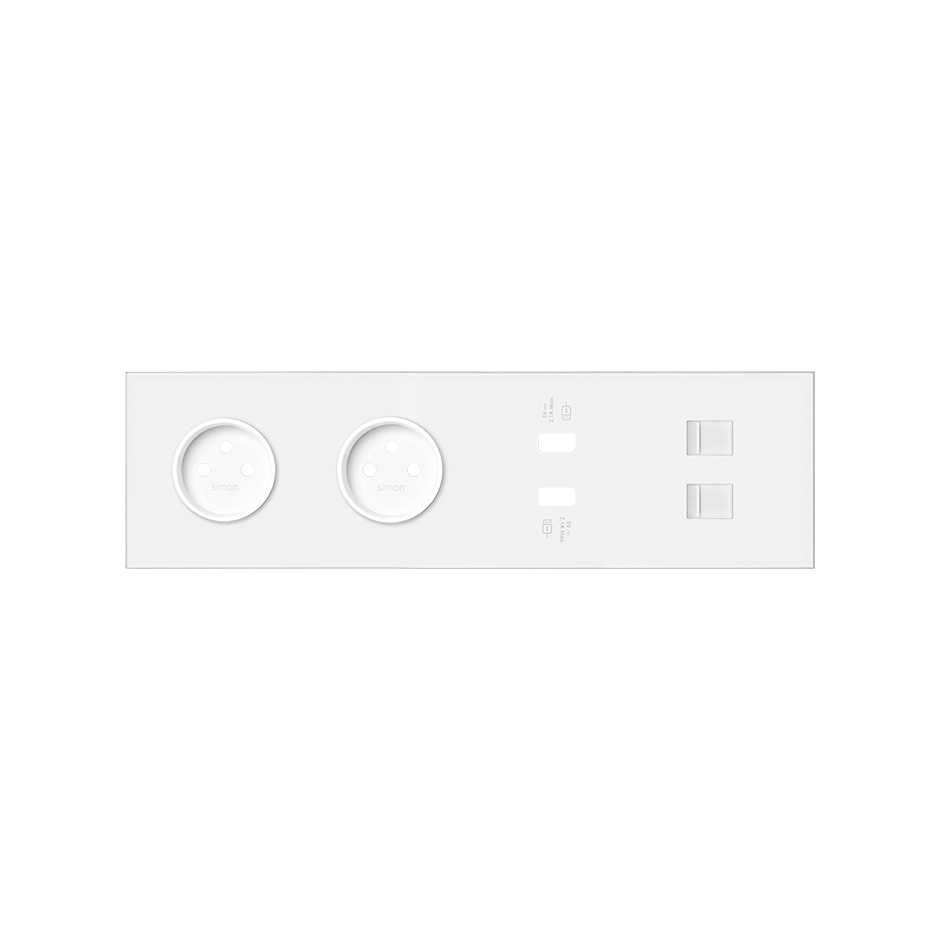 Kit face avant pour 4 éléments avec 2 prises 2P, 1 chargeur double 2xUSB et 2 connecteurs RJ45 blanc mat Simon 100
