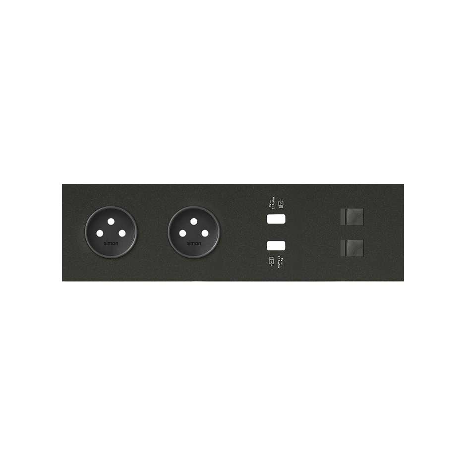 Kit face avant pour 4 éléments avec 2 prises 2P, 1 chargeur double 2xUSB et 2 connecteurs RJ45 noir matte Simon 100
