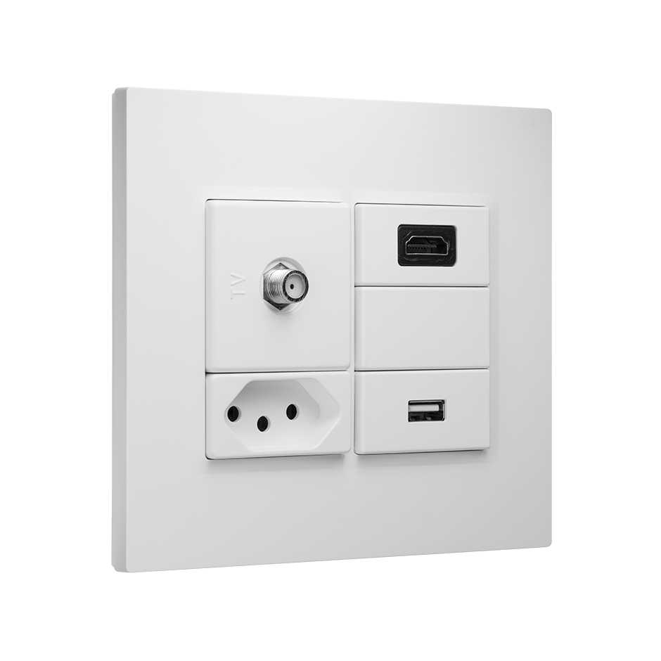 Kit 4x4 completo para 1 coaxial, 1 HDMI, 1 USB de dados, 1 tomada padrão brasileiro 2P+T de 10A e placa branco Simon 82
