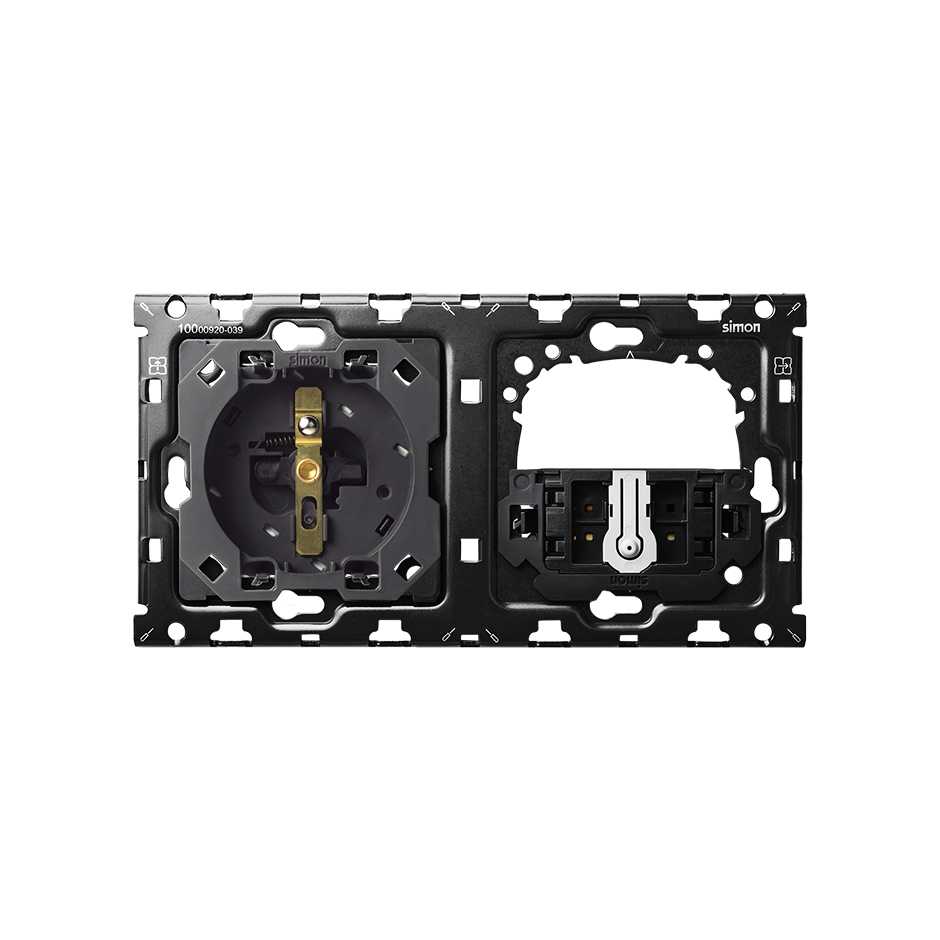 Back kit for 2 elements with 1 2P+E socket and 1 two-way switch Simon 100