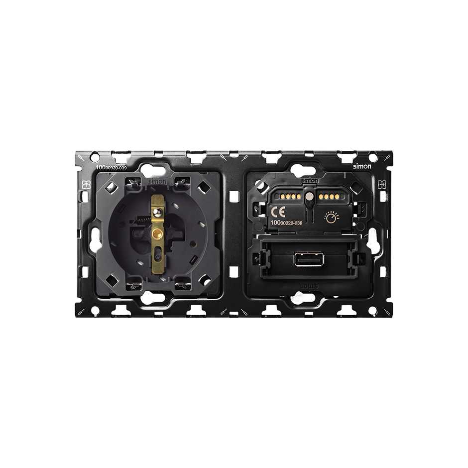 Back kit for 2 elements with 1 2P+E socket, 1 2/3-wire adjustable phase cut-off switch and 1 2.1A USB charger with smartcharge Simon 100