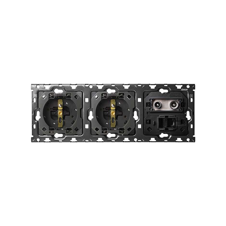Kit arrière pour 3 éléments avec 2 prises 2P+T et 1 seule prise R / TV + SAT avec 1 connecteur RJ45 Simon 100