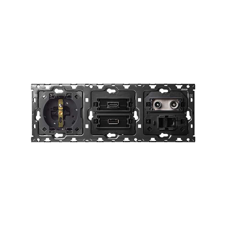 Kit arrière pour 3 éléments avec 1 prise 2P+T, 1 connecteur HDMI + USB et 1 prise simple R / TV + SAT Simon 100