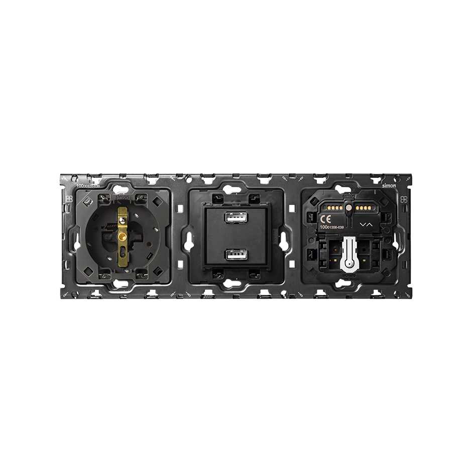 Back kit for 3 elements with 1 Schuko socket, 1 2xUSB 2.1A charger, 1 shutter switch and 1 push button intermediate switch Simon 100