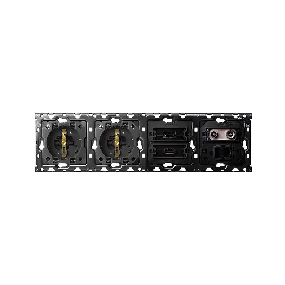 Kit arrière pour 4 éléments avec 2 prises 2P+T, 1 prise HDMI + USB, 1 prise toma R-TV + SAT + 1 RJ45 Simon 100