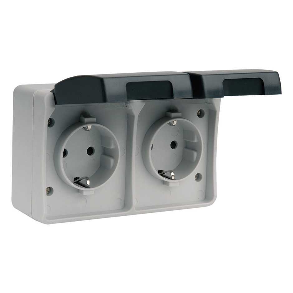 BASES ENCHUFE SCHUKO DOBLE 16A 250V GRIS/NEGRO DE SUPERFCIE EXTERIOR IP44 SERIE ATLANTIS SIMON BRICO