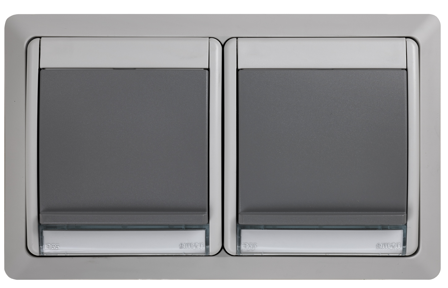 Grupo monobloc de 2 bases de enchufe schuko 10-16A 250V~ con t.t. lateral con embornamiento a tornillo gris Simon Aqua