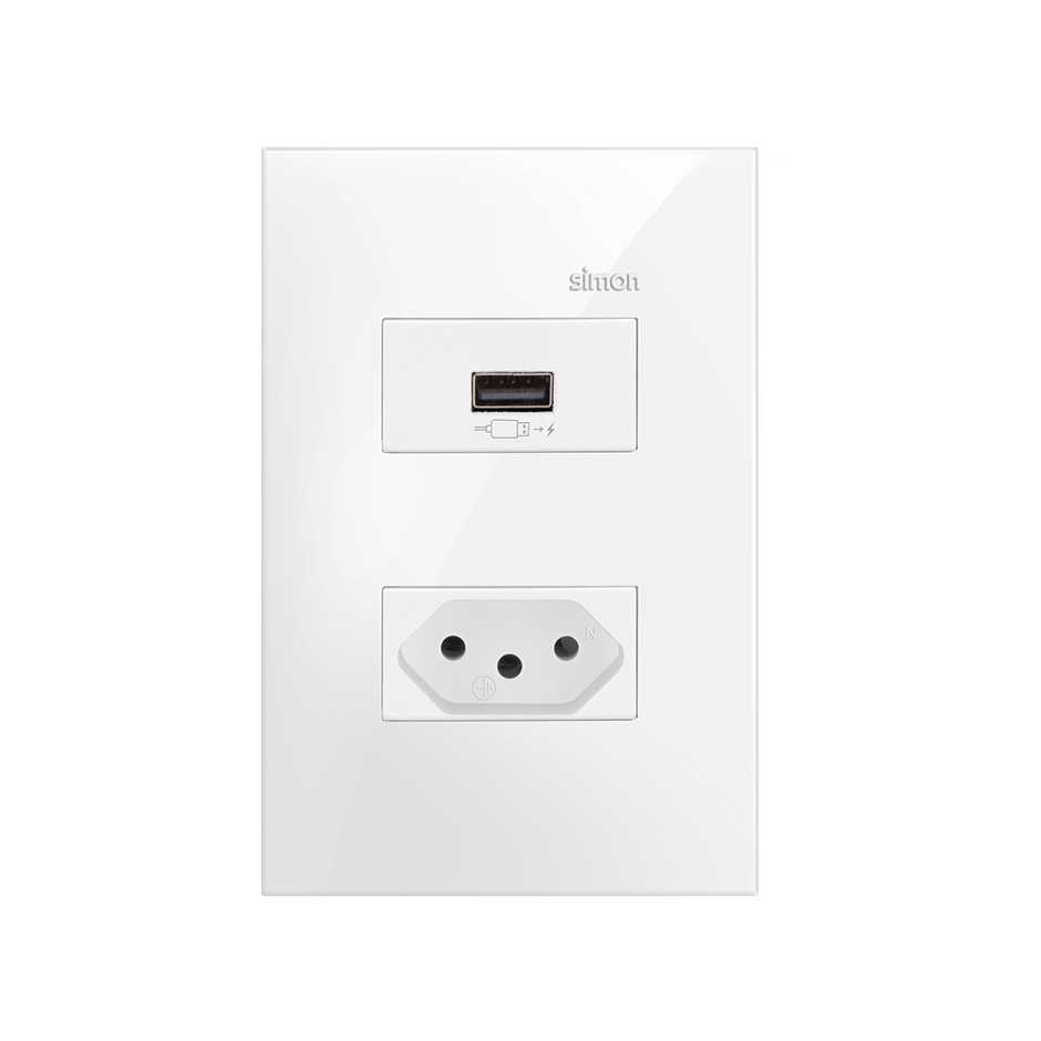 Conjunto de 1 tomada USB 2.1A bivolt 1 tomada 2P+T 1 placa de 2 postos 4x2 com suporte 10 A 250 V~ branco Simon 35