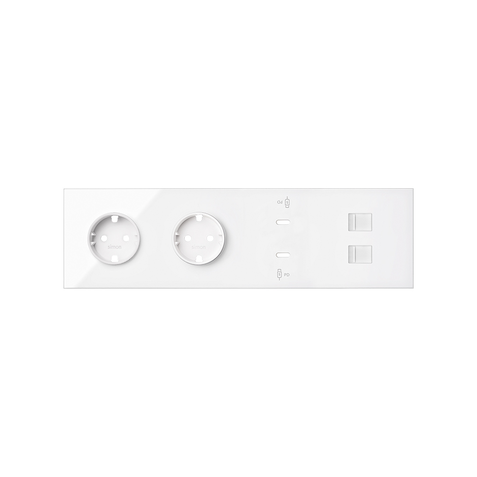 Front kit 4 el. 2 sockets + dual fast-charge USB charger + 2xRJ45 Gloss white Simon 100