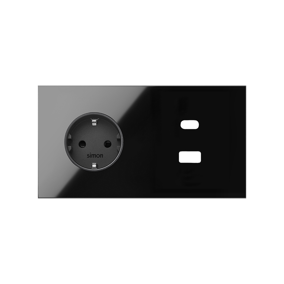Kit front para 2 elementos con base enchufe schuko y cargador USB C+A negro brillante Simon 100