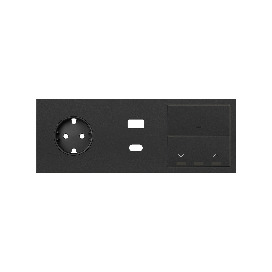 Kit front para 3 elementos con base enchufe schuko, cargador USB C+A, 1 tecla persianas y 1 tecla negro mate Simon 100