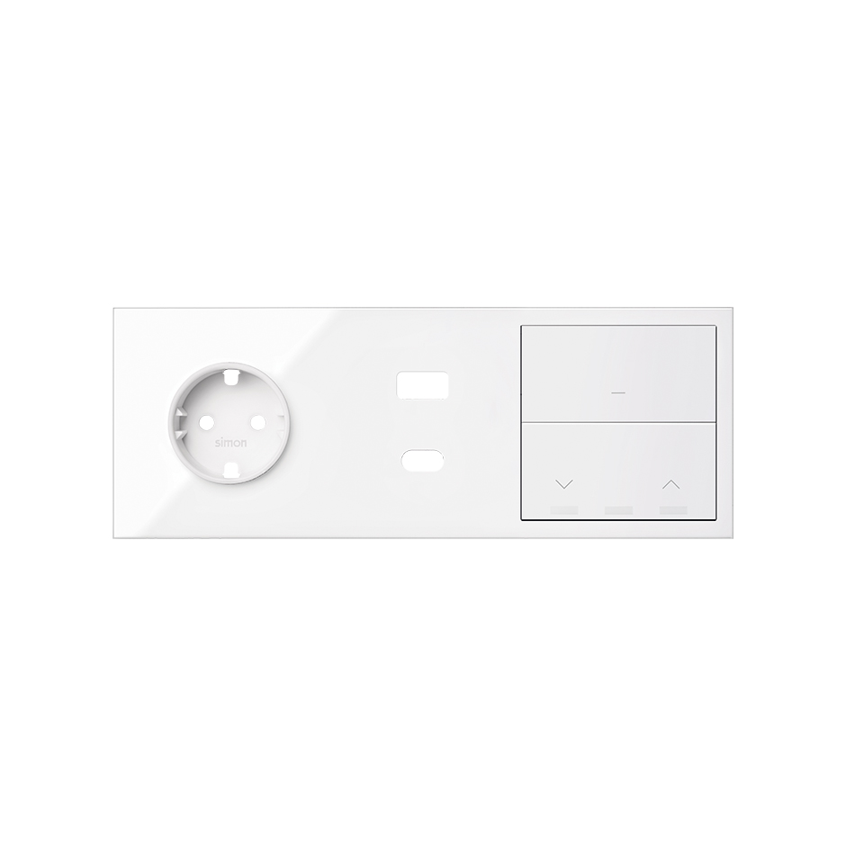 Kit front para 3 elementos con base enchufe schuko, cargador USB C+A, 1 tecla persianas y 1 tecla blanco brillante Simon 100