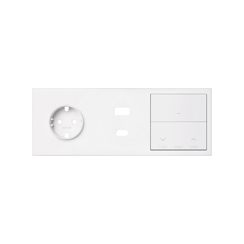 Kit front para 3 elementos con base enchufe schuko, cargador USB C+A, 1 tecla persianas y 1 tecla blanco mate Simon 100