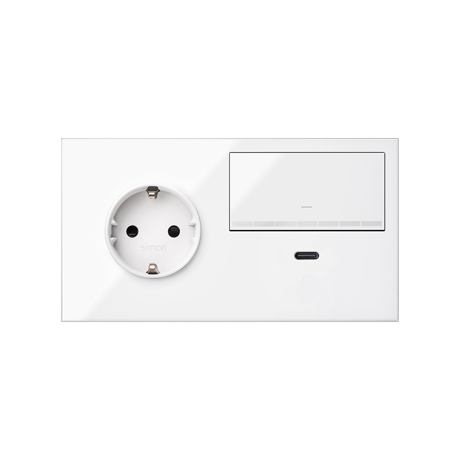 Front kit 2 el. 1 socket + 1 dimmer switch + USB charger right Gloss white Simon 100