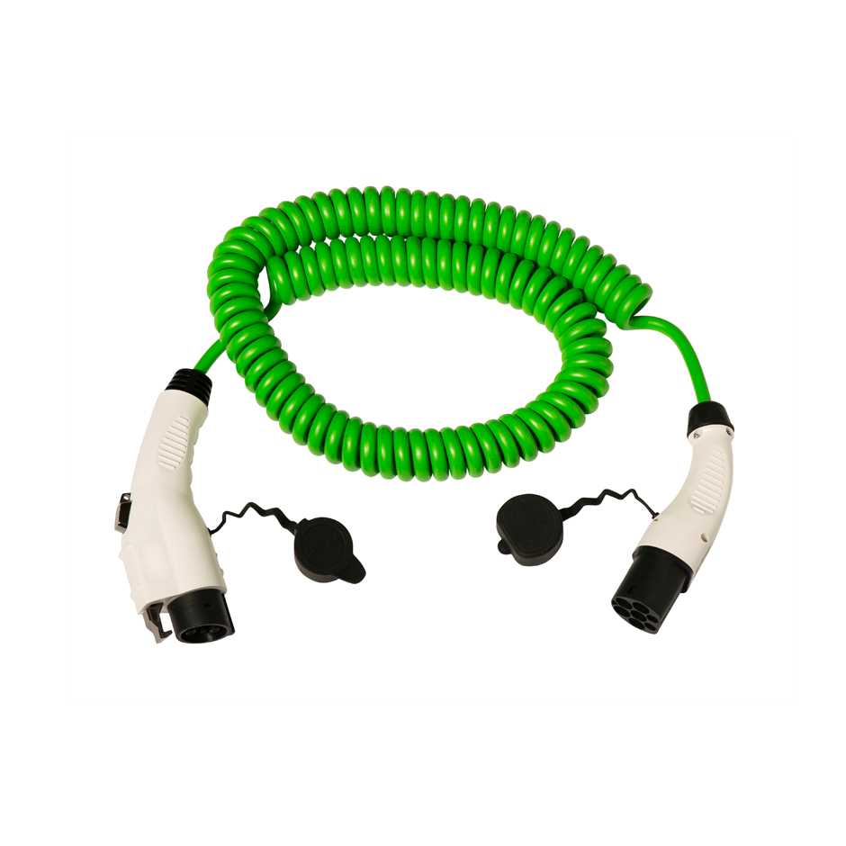 Spiral 5 m cable with Mode 3, Type 1 female connector for vehicle and Mode 3 Type 2 male single-phase 32 A connector for Wallbox