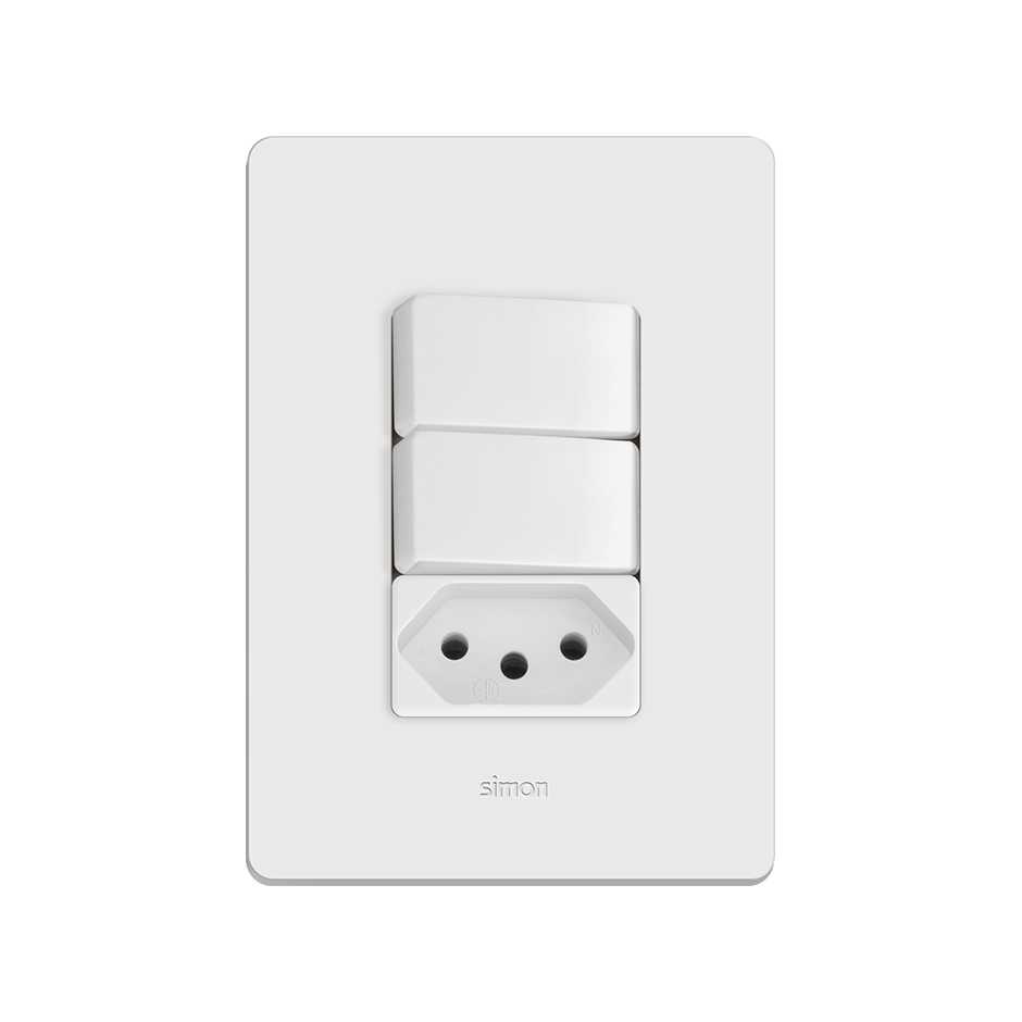 Conjunto de 2 interruptores simples 1 tomada 2P+T 1 placa de 3 postos 4x2 com suporte 10 A 250 V~ branco Simon 20