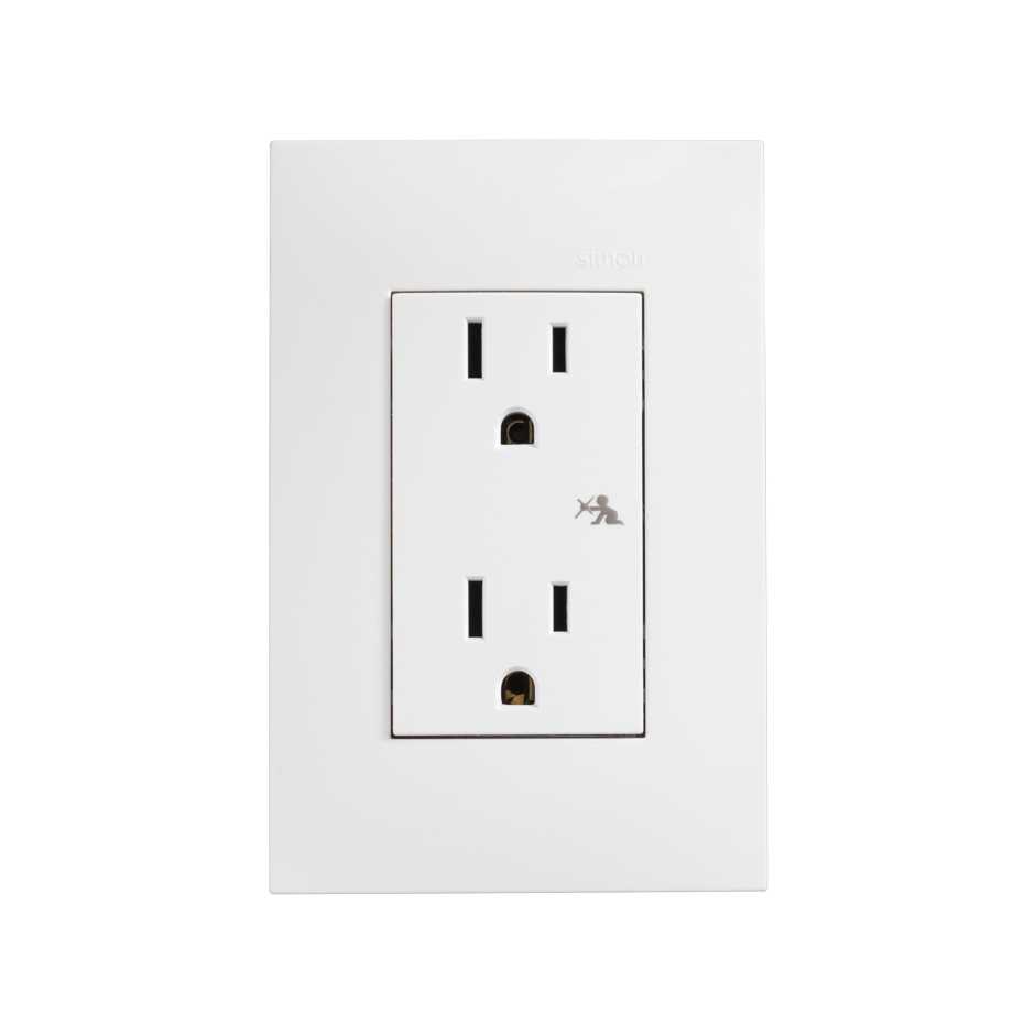 Toma de corriente dúplex 2P+T con seguridad con placa 15A 127V blanco Simon 25 Plus