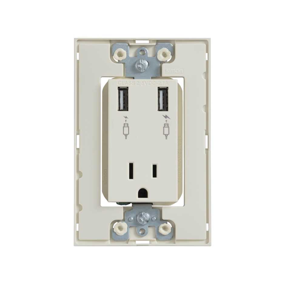 Cargador USB con tierra y toma de corriente 2P+T con chasis 15A 127V marfil Simon 25 Plus
