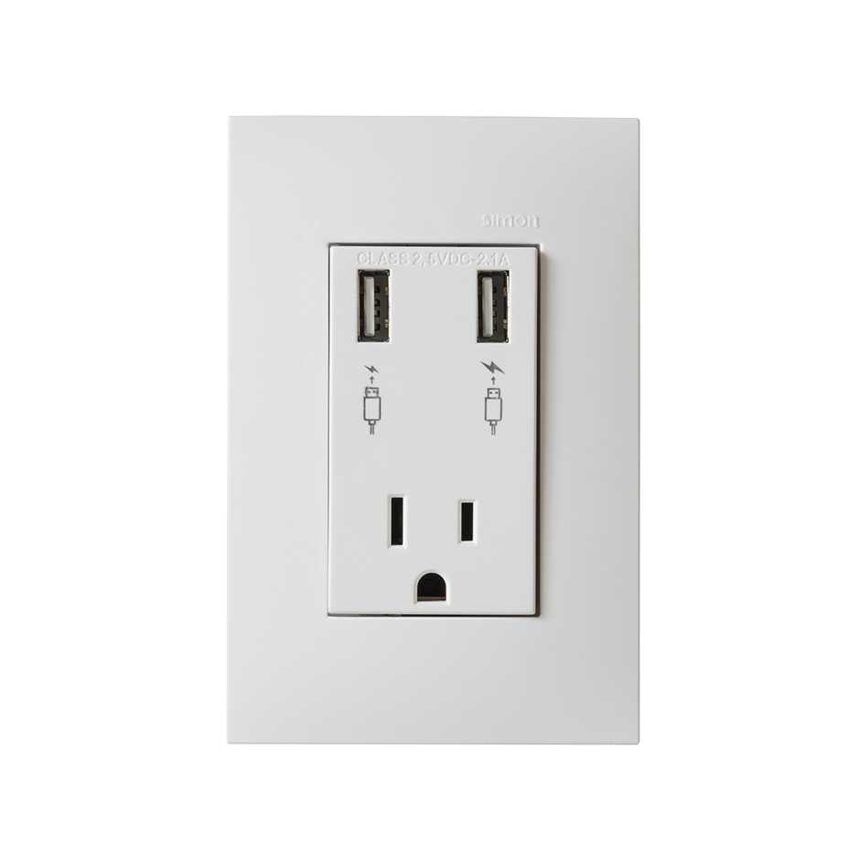 Cargador USB con tierra y toma de corriente 2P+T con placa 15A 127V blanco Simon 25 Plus