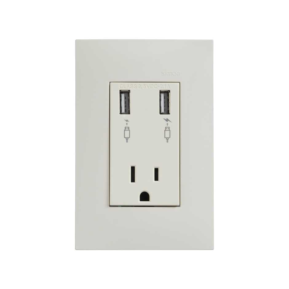 Cargador USB con tierra y toma de corriente 2P+T con placa 15A 127V marfil Simon 25 Plus