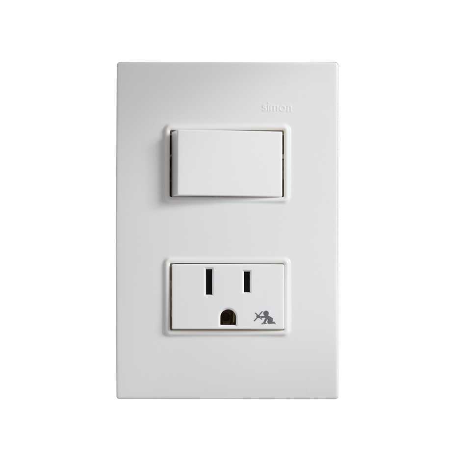 Placa 2 módulos con 1 interruptor 2 vías y 1 toma de corriente 2P+T c/sistema de seguridad blanco Simon 23