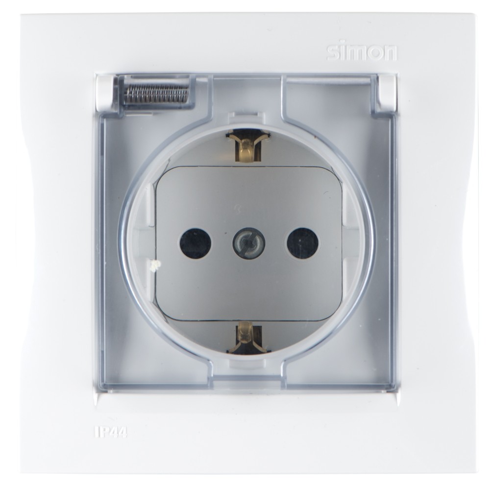 Розетка с крышкой IP44, заземлением и шторками Schuko 2Р+Е 16A 250В~ моноблок белого цвета с винтовым соединением Simon 15