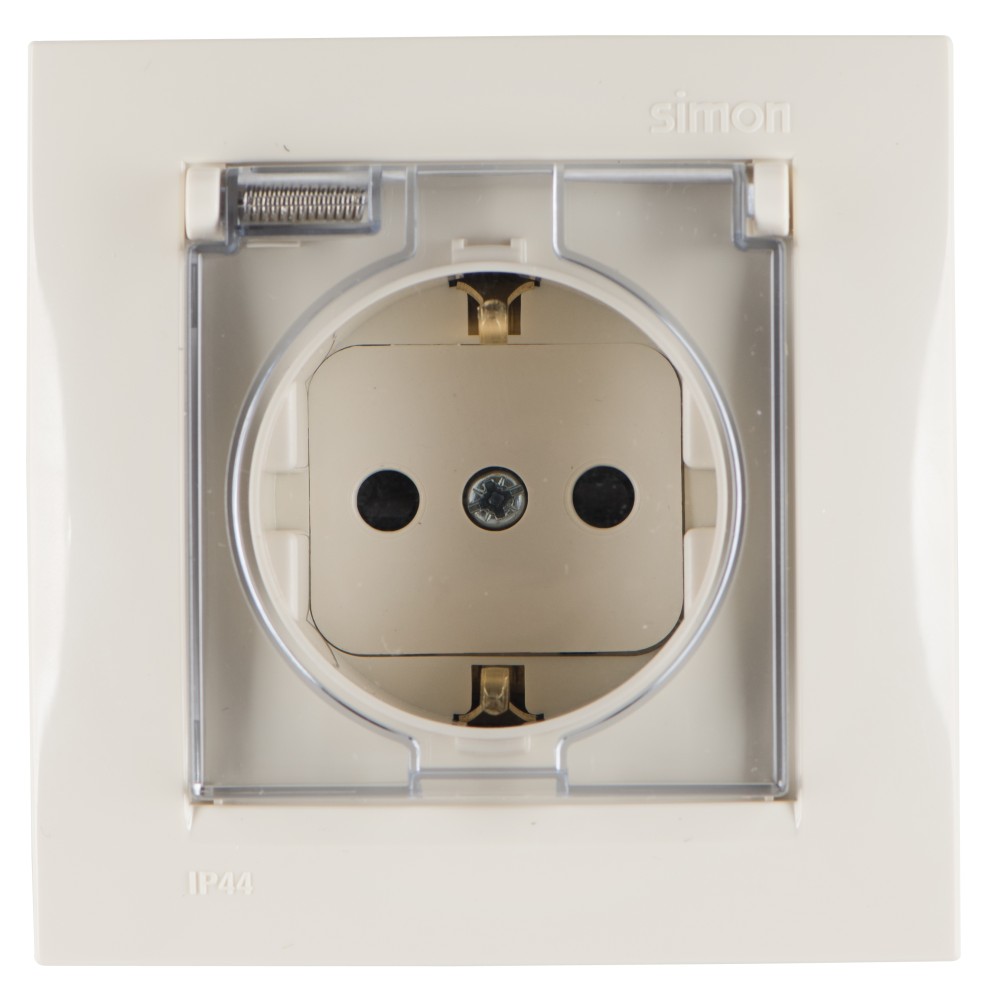 Розетка с крышкой IP44, заземлением и шторками Schuko 2Р+Е 16A 250В~ моноблок цвета слоновая кость с винтовым соединением Simon 15