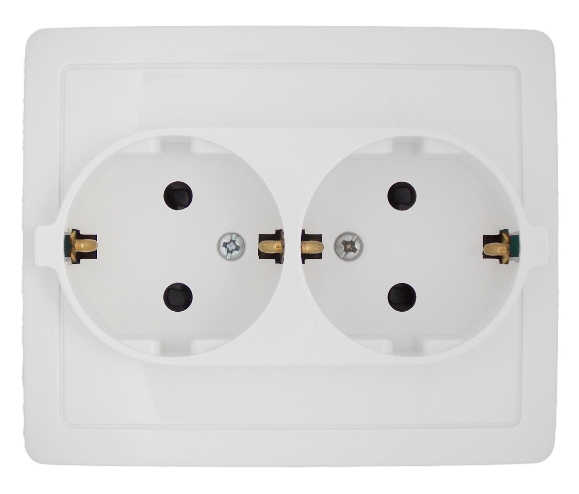 Розетка двойная с заземлением и шторками Schuko 2x2Р+Е 16A 250В~ моноблок белого цвета с винтовым соединением Simon 15