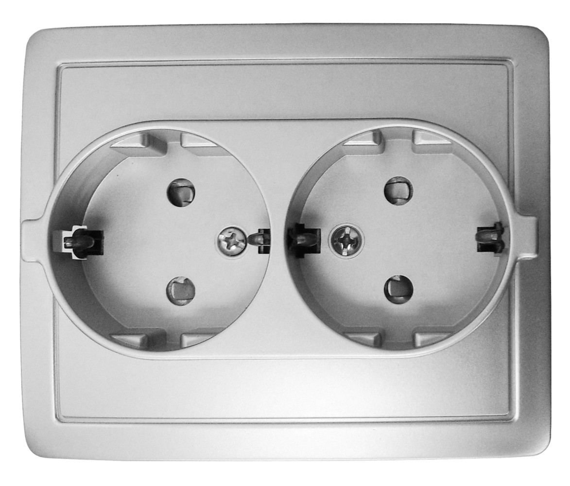 Розетка двойная с заземлением и шторками Schuko 2x2Р+Е 16A 250В~ моноблок цвета алюминий с винтовым соединением Simon 15