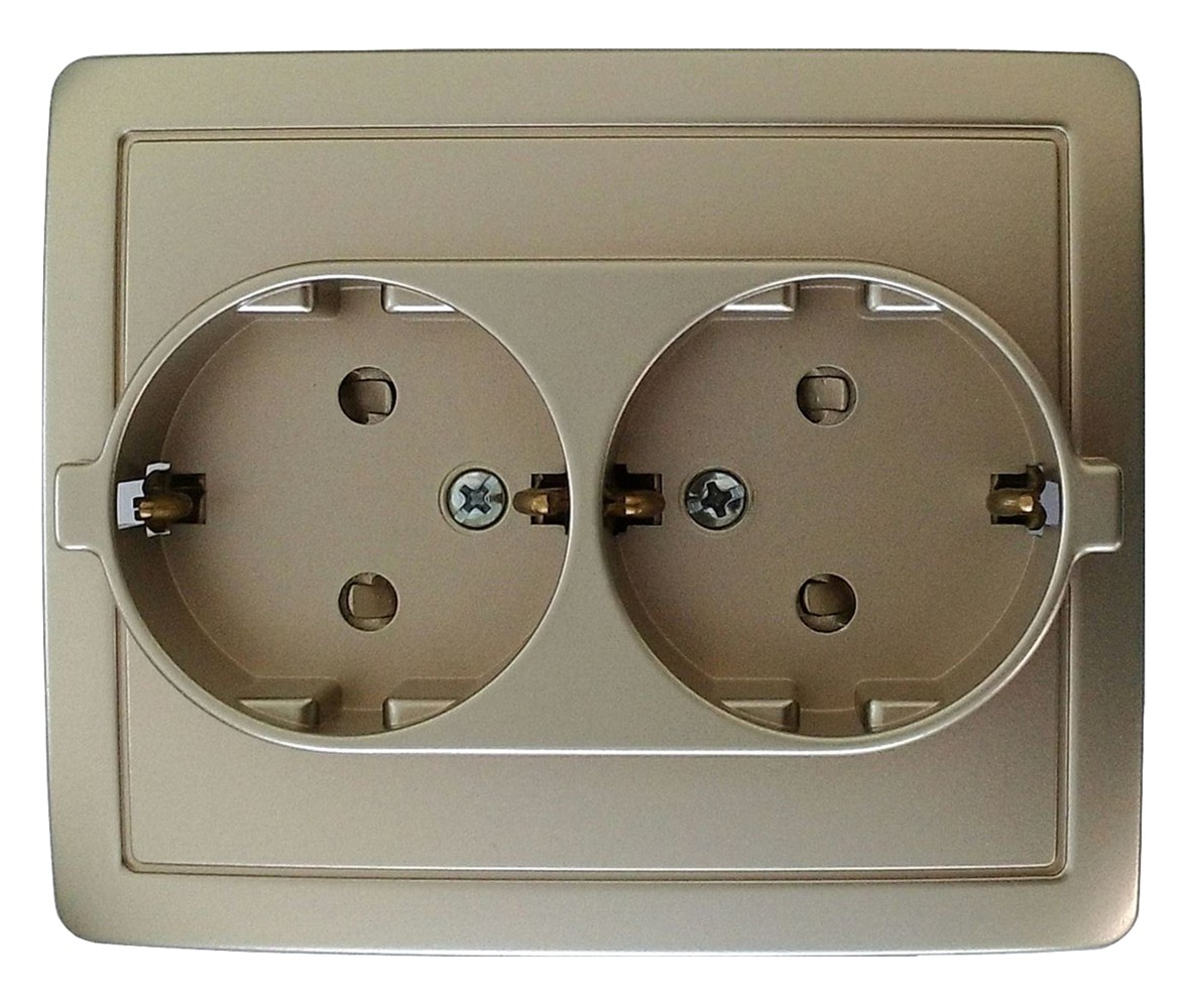 Розетка двойная с заземлением и шторками Schuko 2x2Р+Е 16A 250В~ моноблок цвета шампань с винтовым соединением Simon 15