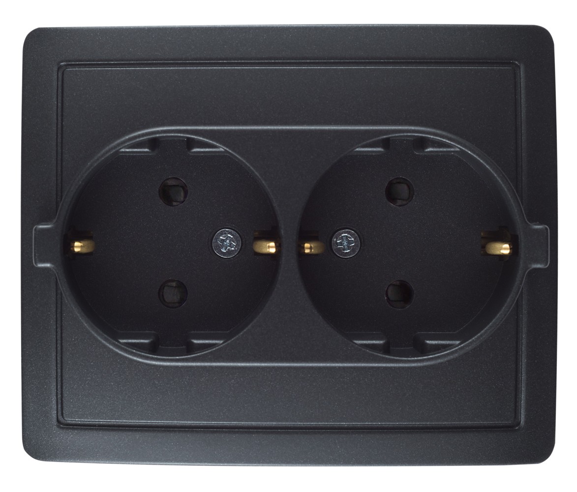 Розетка двойная с заземлением и шторками Schuko 2x2Р+Е 16A 250В~ моноблок цвета графит с винтовым соединением Simon 15