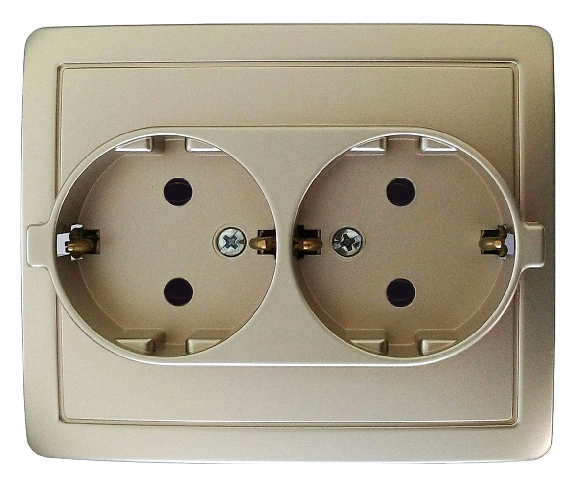 Розетка двойная с заземлением Schuko 2x2Р+Е 16A 250В~ моноблок цвета шампань с винтовым соединением Simon 15
