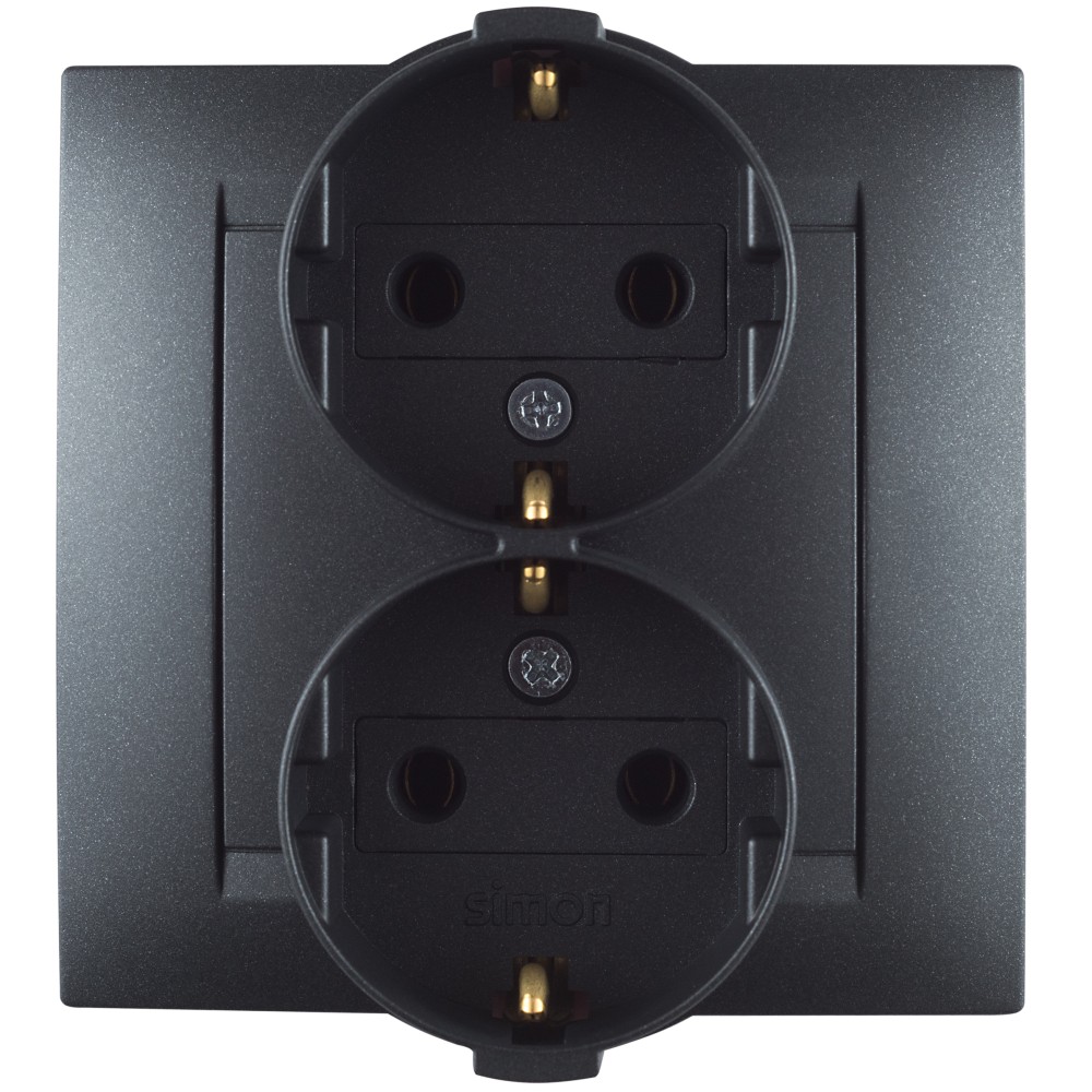 Розетка двойная с заземлением Schuko 2x2Р+Е 16A 250В~ моноблок цвета графит с винтовым соединением Simon 15