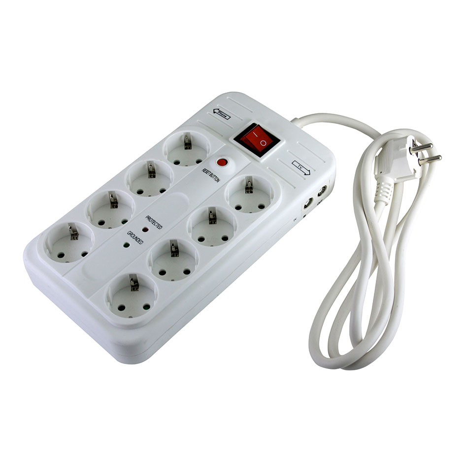 Base múltipla multiproteção branca com 8 tomadas de 16 A e 250 V~, 1,5 metros de cabo, H05VV-F 3G 1,5 mm² da 