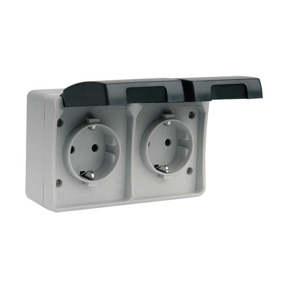 BASES ENCHUFE SCHUKO DOBLE 16A 250V GRIS/NEGRO DE SUPERFCIE EXTERIOR IP44 SERIE ATLANTIS SIMON BRICO