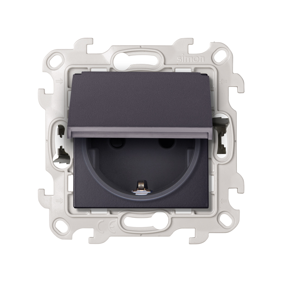 IP44 socket base with cover, earthing, and Schuko protection 2P+T 16A 250V~ with Push&Go mounting system graphite Simon 24 Harmonie