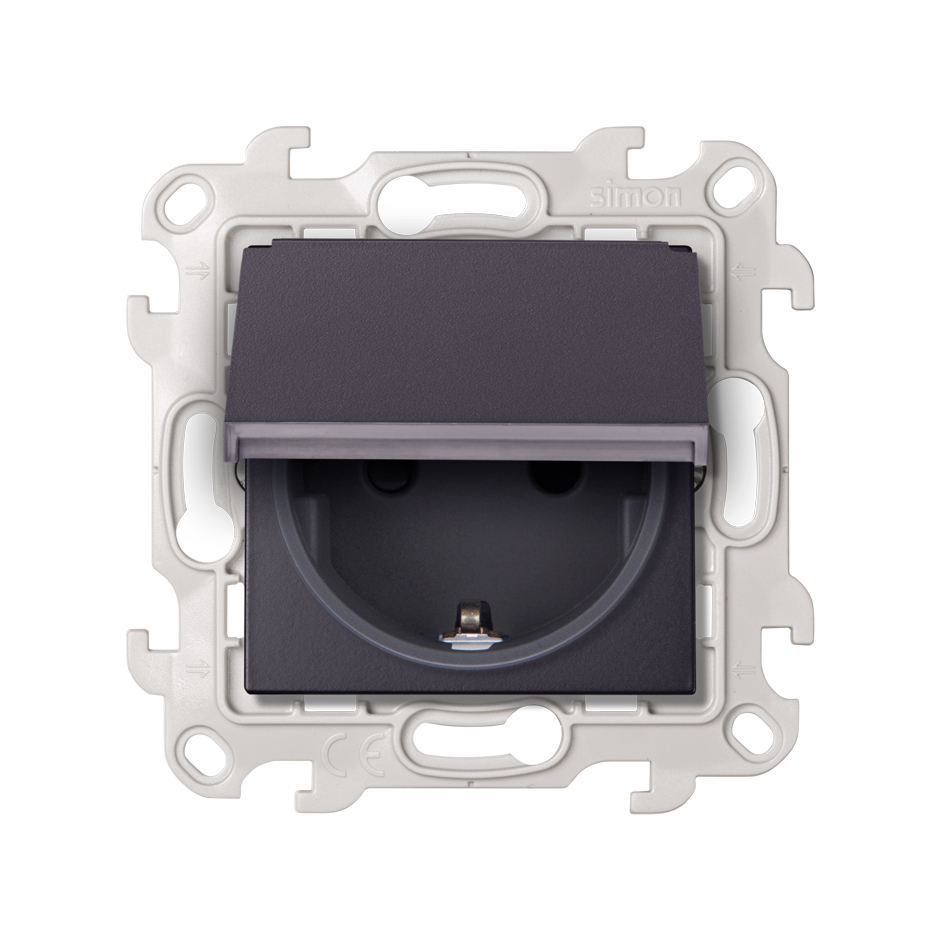 Розетка IP44 с крышкой, заземлением и шторками Schuko 2Р+Е 16A 250В~ цвета графит Simon 24 Harmonie