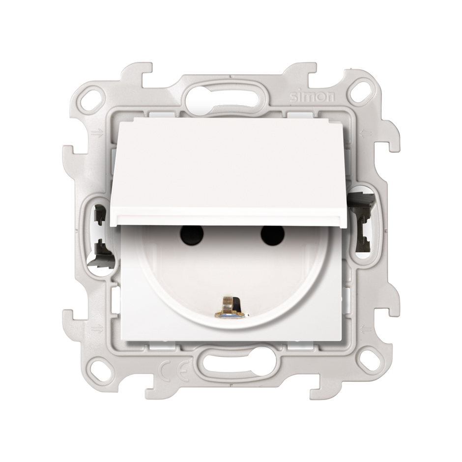 IP44 socket base with cover, earthing, and Schuko protection 2P+T 16A 250V~ with Push&Go mounting system white Simon 24 Harmonie