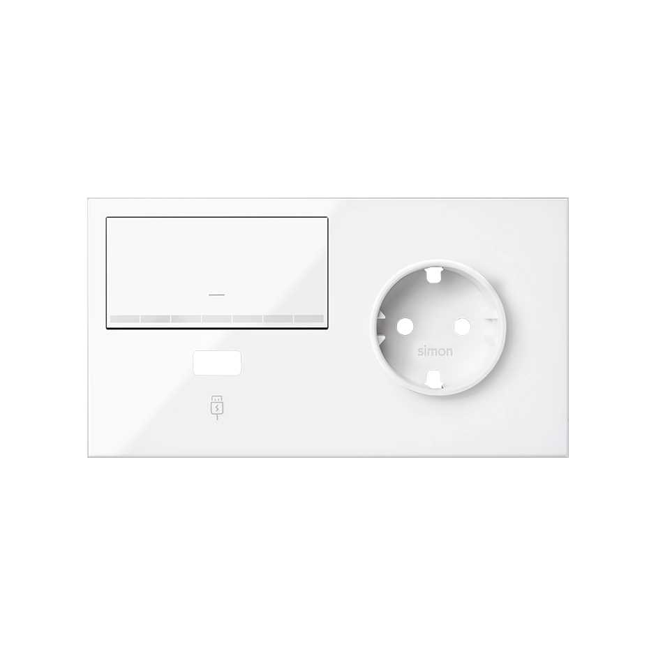 Front kit for 2 elements with 1 dimmer rocker, 1 USB charger and 1 German socket outlet gloss white Simon 100