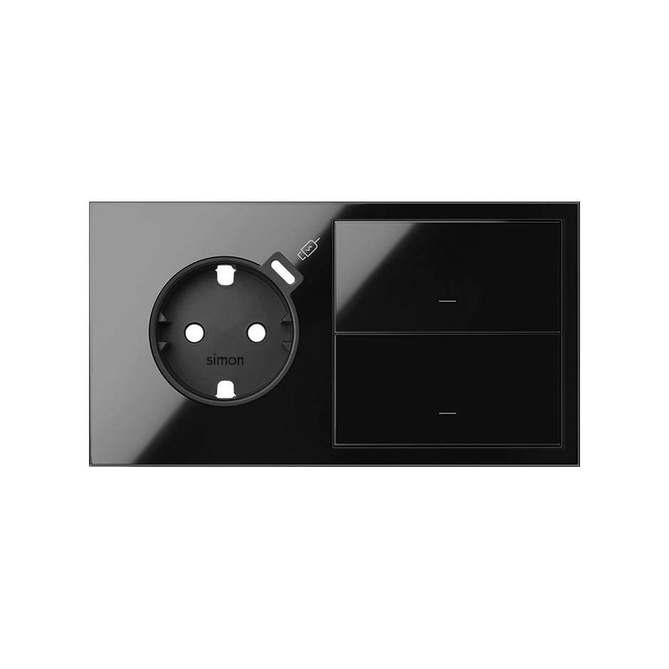 Kit frontal pour 2 éléments avec 1 prise schuko avec chargeur USB C + 2 touches gauche noir brillant Simon 100
