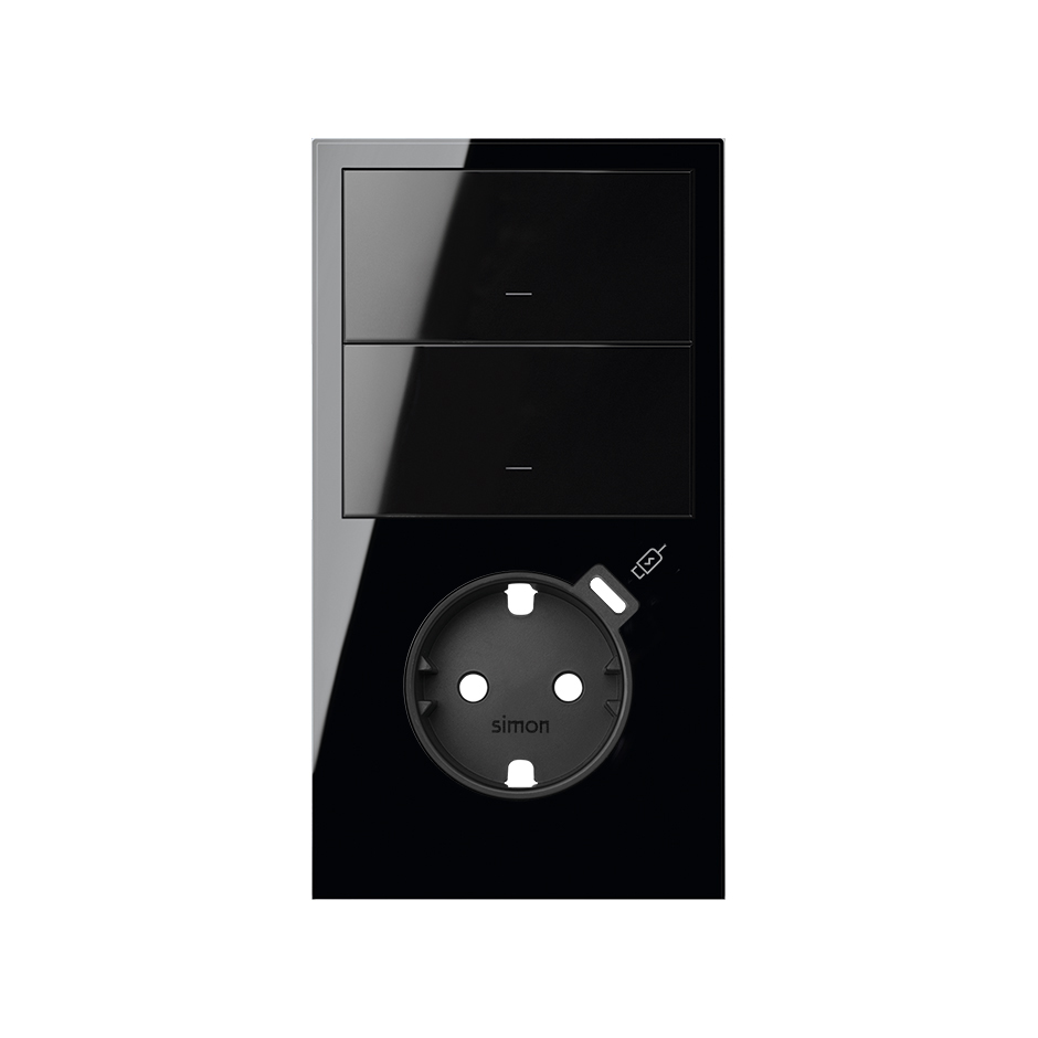 Kit de montage vertical pour 2 éléments avec 2 touches + prise schuko avec chargeur USB C noir brillant Simon 100