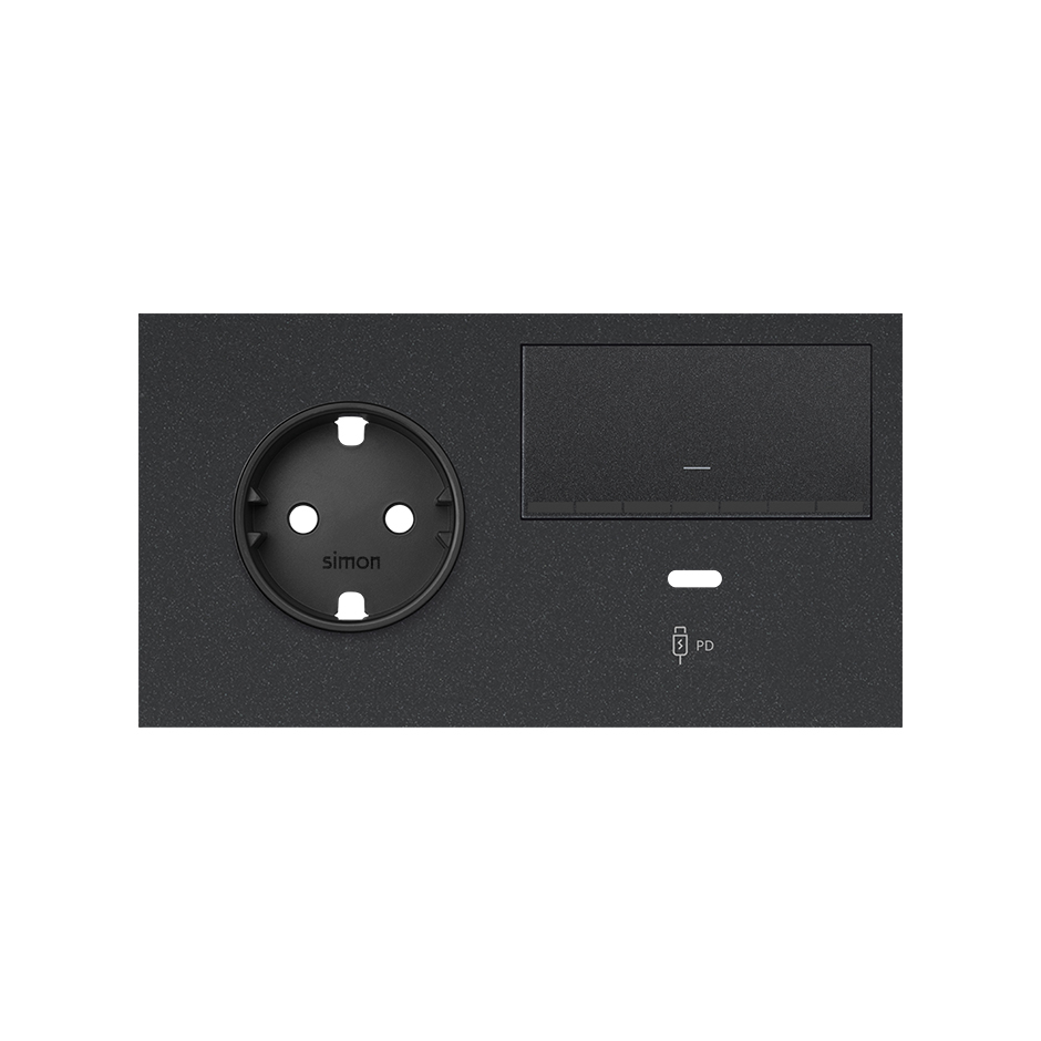 Kit front for 2 elements 1 schuko socket + 1 dimmer + USB C charger right matt black Simon 100