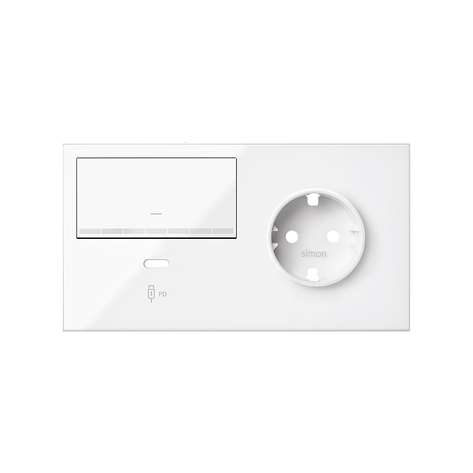 Kit front para 2 elementos 1 base enchufe schuko + 1 interruptor regulable + cargador USB C izquierda blanco brillante Simon 100