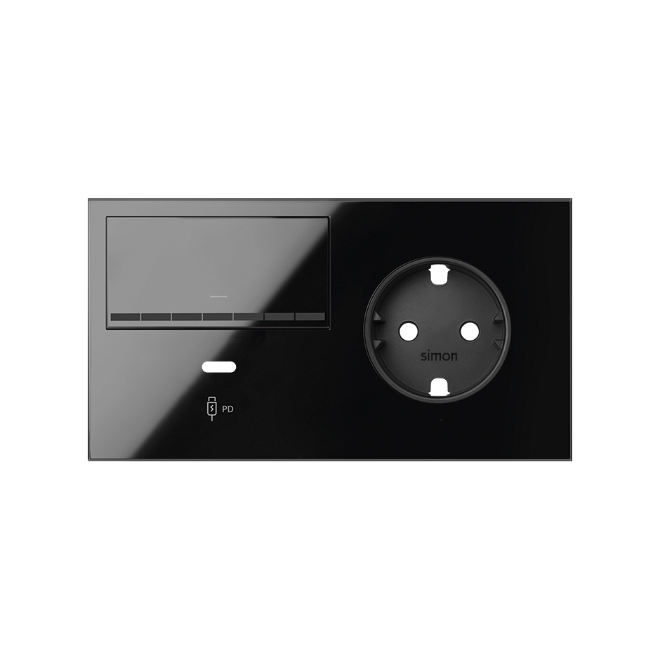Kit front para 2 elementos 1 base enchufe schuko + 1 interruptor regulable + cargador USB C izquierda negro brillante Simon 100