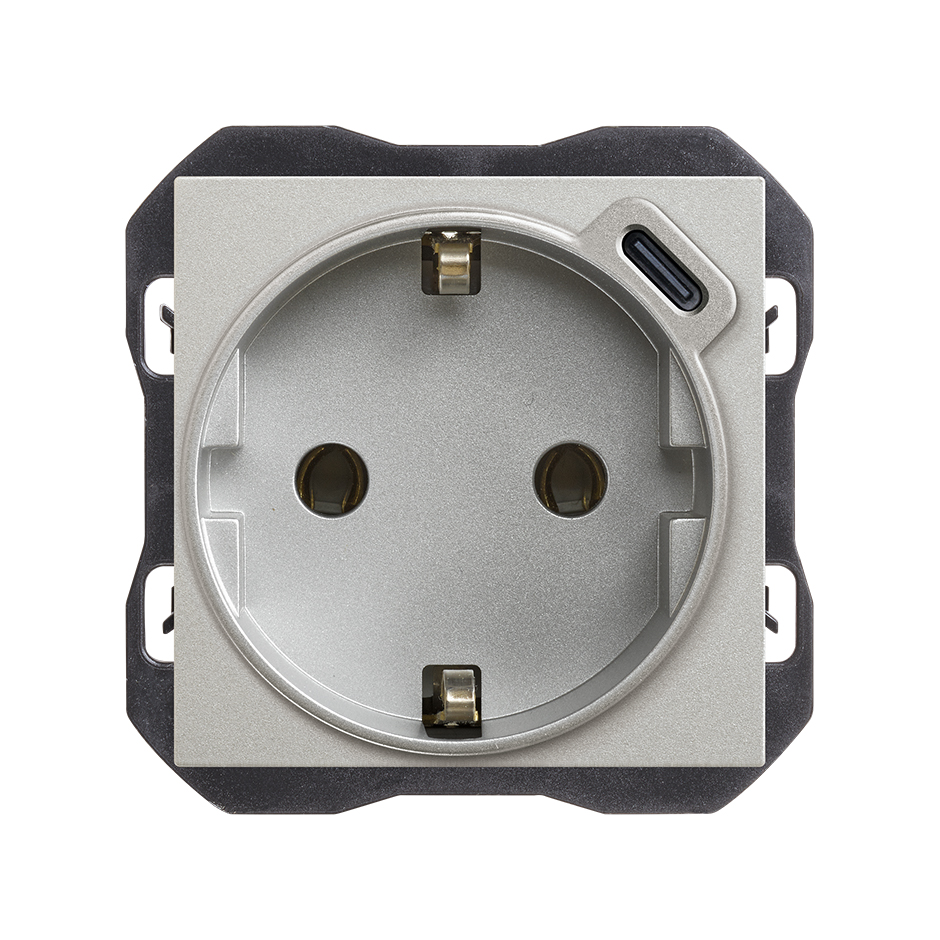 Prise schuko 16 A 250V~ avec chargeur USB C 10,5W aluminium Simon 270