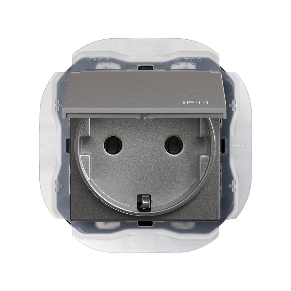 Base de enchufe Schuko 16A 250V~ embornornamiento a tornillo IP44 titanio Simon 270