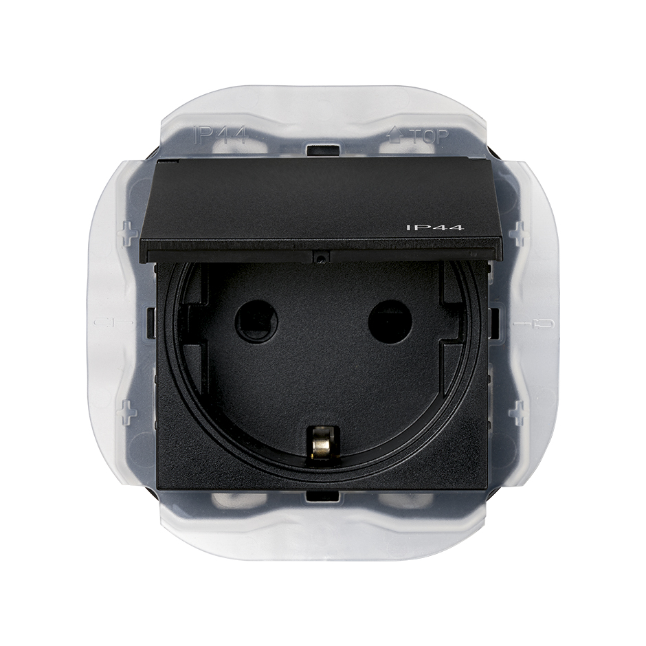 Base de enchufe Schuko 16A 250V~ embornornamiento a tornillo IP44 negro mate Simon 270