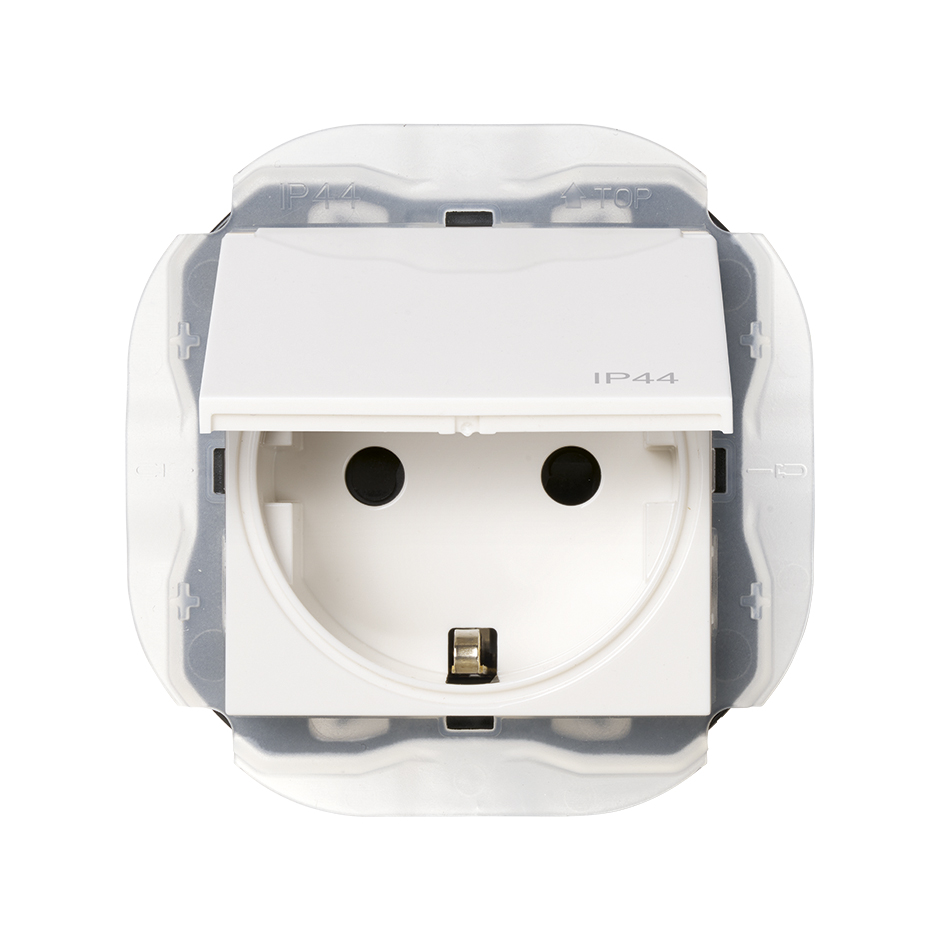 Base de enchufe Schuko 16A 250V~ embornornamiento a tornillo IP44 blanco mate Simon 270