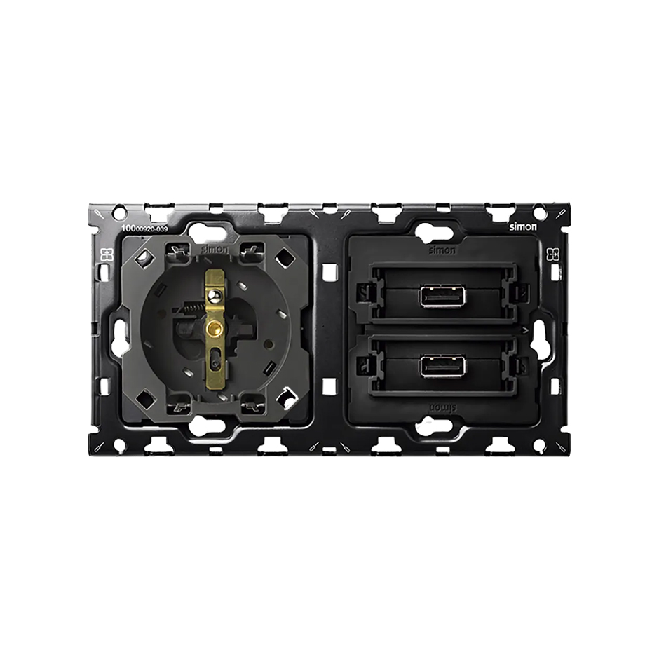 Back kit for 2 elements with 1 2P+E socket, 1 2xUSB 2.1A double charger with smartcharge Simon 100