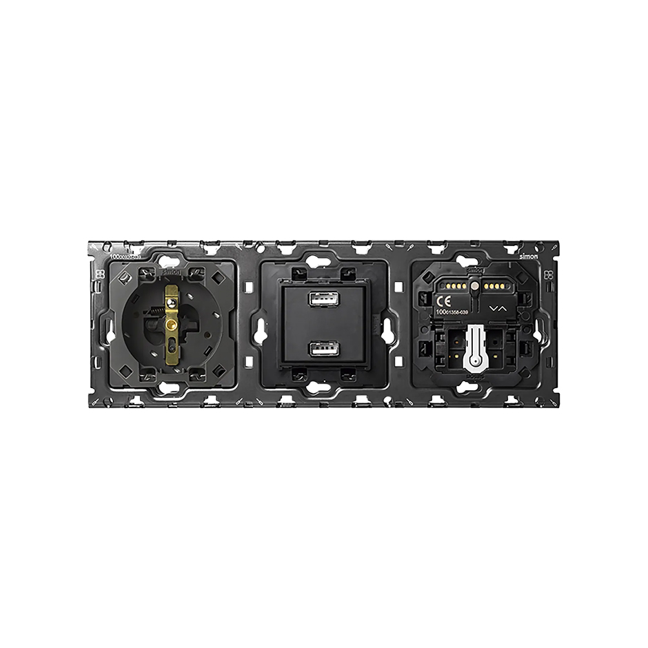 Kit arrière pour 3 éléments avec 1 prise 2P+T, 1 chargeur 2xUSB 2.1A, 1 interrupteur de store et 1 interrupteur à bouton poussoir Simon 100